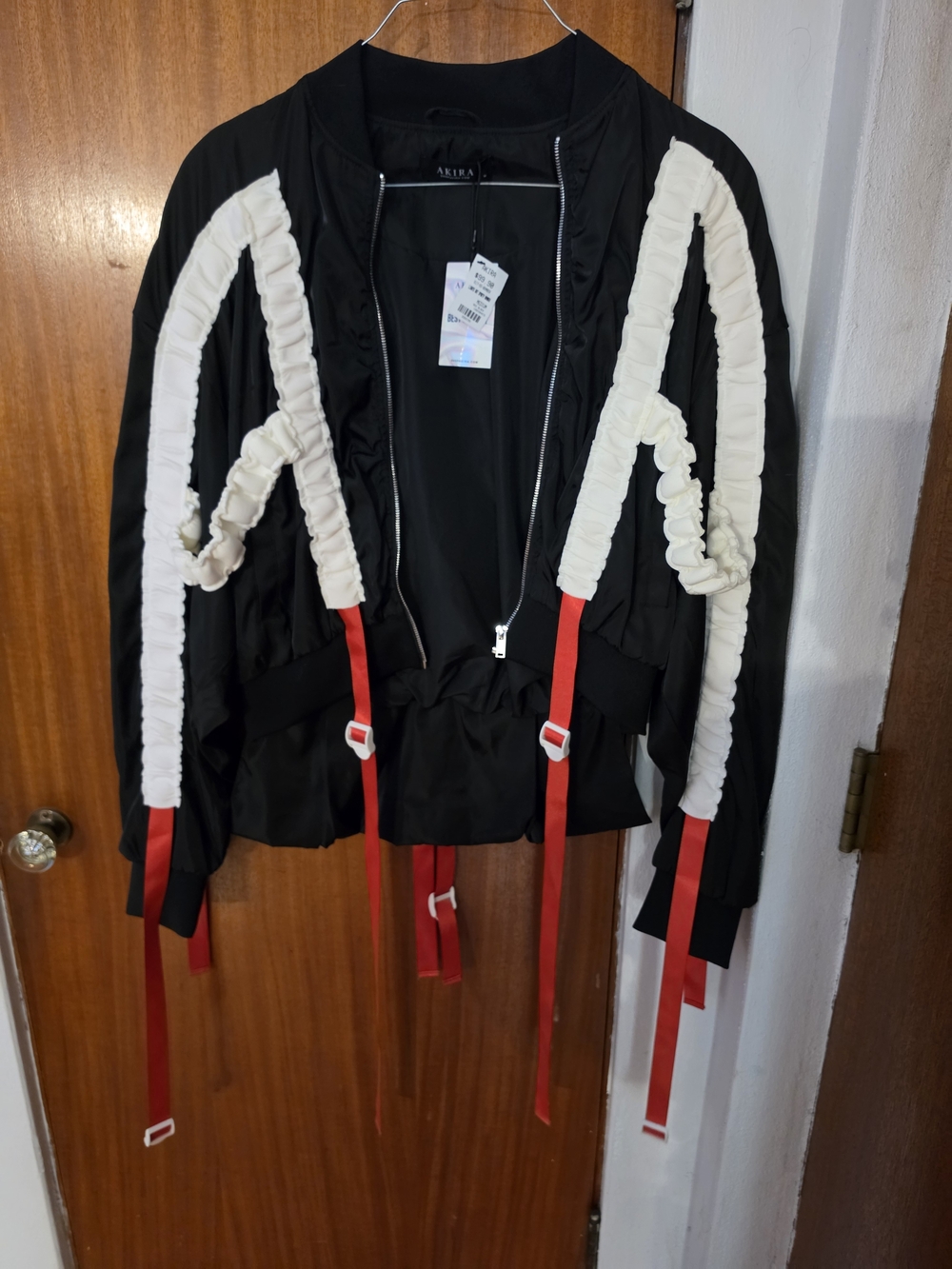 AKIRA Black Bomber Jacket with White Ruched Accents and Red Straps
